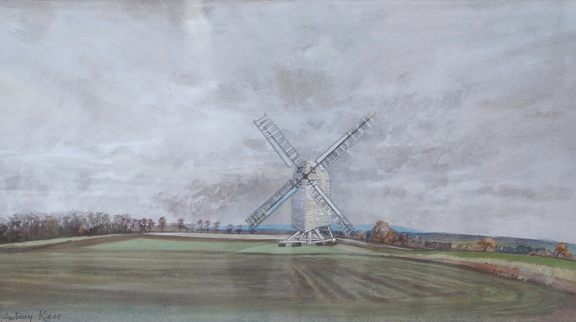 Anthony Kerr (b.1924), heightened watercolour, Rural landscape with windmill, signed, 27 x 48cm. Condition - fair